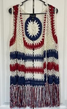 Frazzle Americana Crochet Vest Red White Blue Fringe Detail Women’s XL